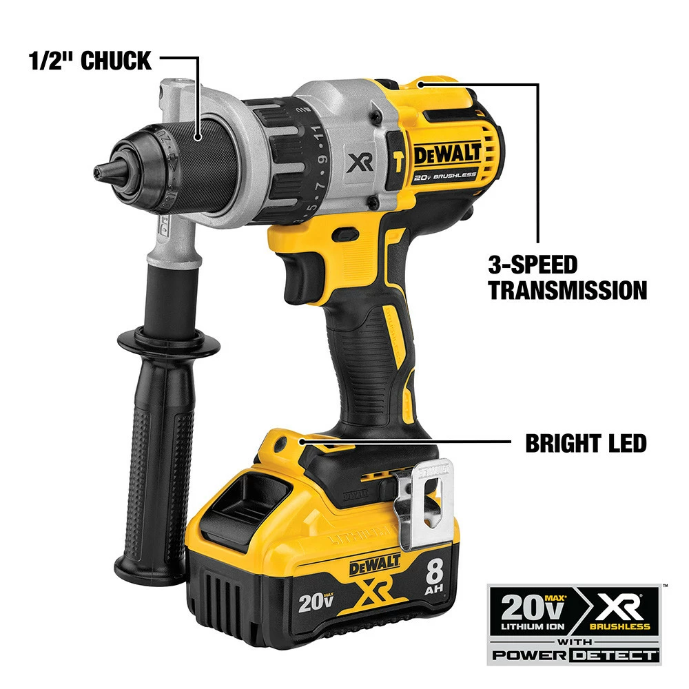Dewalt DCD998W1 20V MAX XR POWER DETECT Brushless Lithium-Ion 1/2 In. Cordless Hammer Drill Driver Kit (8 Ah) 8 Dewalt DCD998W1 20V MAX XR POWER DETECT Brushless Lithium-Ion 1/2 In. Cordless Hammer Drill Driver Kit (8 Ah) - Image 8