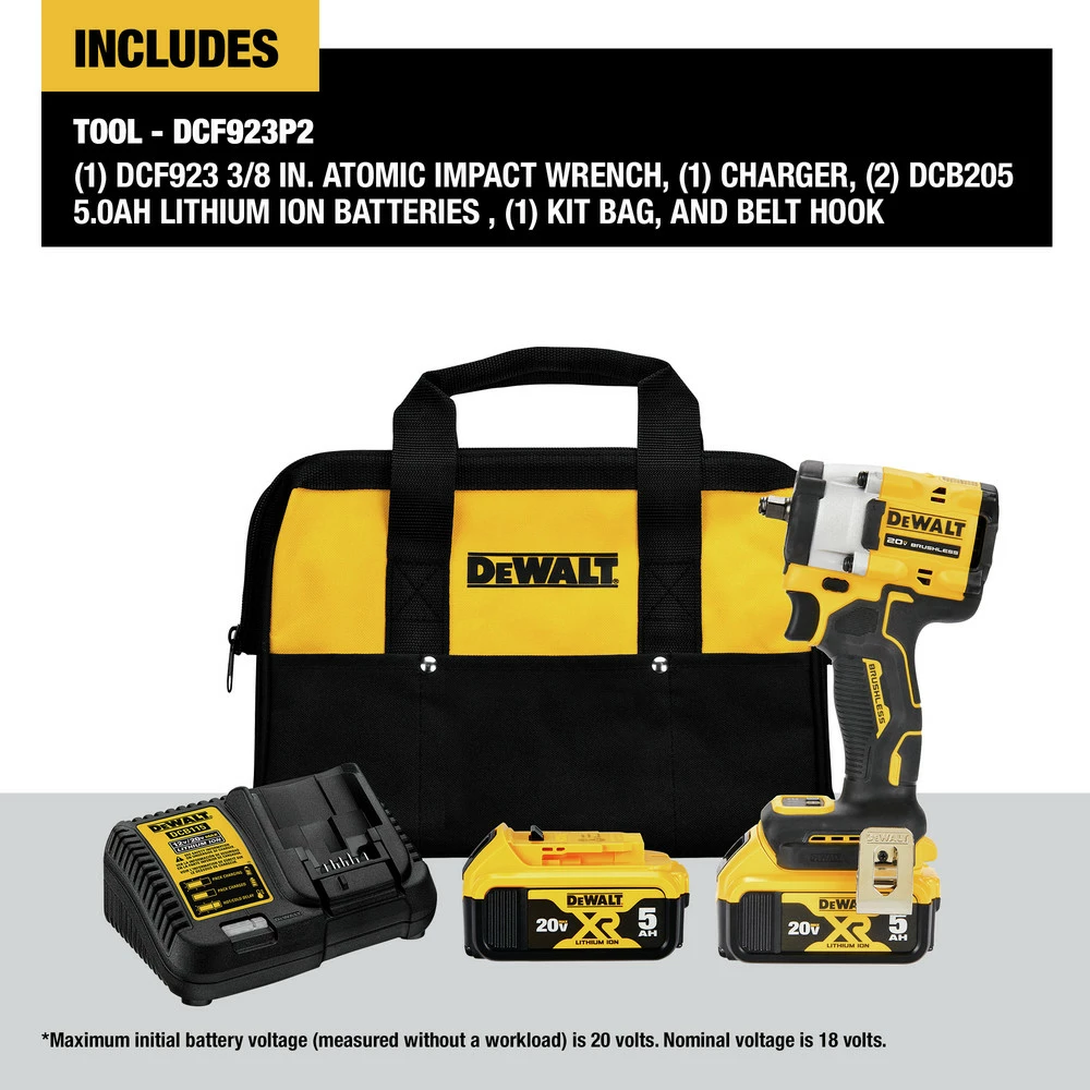 Dewalt DCF923P2 ATOMIC 20V MAX Brushless Lithium-Ion 3/8 In. Cordless Impact Wrench With Hog Ring Anvil Kit With 2 Batteries (5 Ah) 2 Dewalt DCF923P2 ATOMIC 20V MAX Brushless Lithium-Ion 3/8 In. Cordless Impact Wrench With Hog Ring Anvil Kit With 2 Batteries (5 Ah) - Image 2